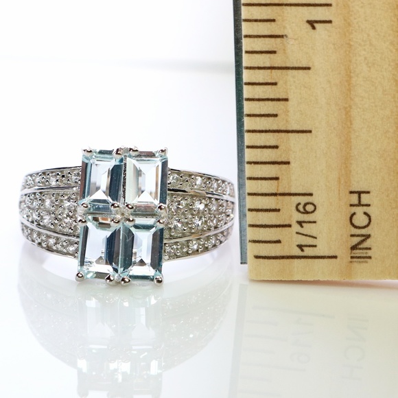 Aquamarine and White Zircon Sterling Silver Ring - Picture 5 of 5
